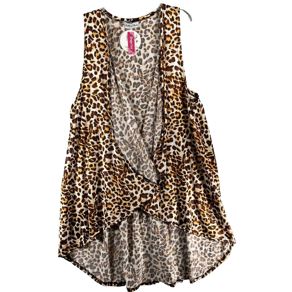 Southern Charm Drape Vest Women P Brown Leopard Print High-Low Open Front Layer